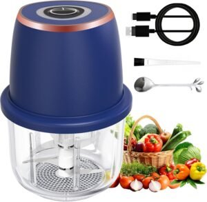 Electric Garlic Chopper, Mini Food Processor & Vegetable Chopper, 350ml Portable Cordless USB Rechargeable Garlic Chopper, Mini Chopper for Onion, Herb, Nut, Easy to Clean Glass Container（Blue）