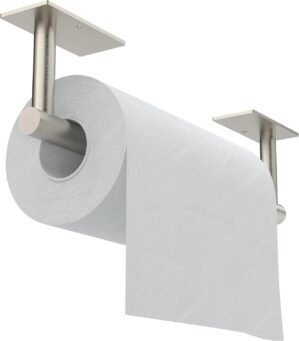 Paper Towel Holder Under Cabinet, Self Adhesive or Wall Mounted SUS304 Stainless Steel Paper Towel Holder for Kitchen, Bathroom, Farmhouse, Barbecue and Laundry (Silver)