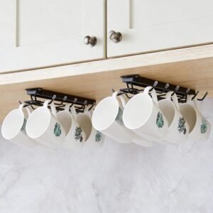 LiaMeE Sliding Mug Hooks Under Cabinet – Pull Out Coffee Cup Holder Rack with 12 Hooks, Metal Under Shelf Mug Organizer for Kitchen, Space Saving Hanging Storage (Black,2PCS)