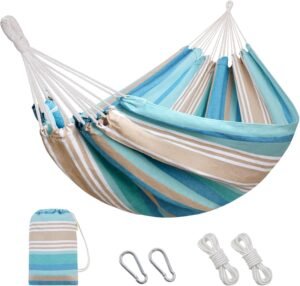 Brazilian Hammock with Tree Straps – Canvas Hammocks Portable Hammock with Carry Bag for Backyard, Porch, Outdoor and Indoor Use Blue & Green