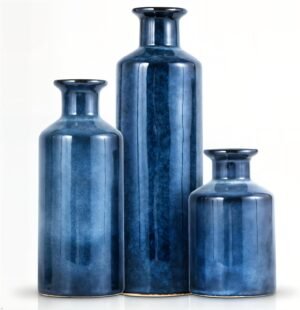 Mowtanco Blue Ceramic Vase Set of 3 Small Vases, Modern Farmhouse for Home Decor Bottles, Rustic Terracotta Vase Decorative Vases for Table,Fireplaces Decor, Bookshelf, Living Room