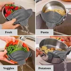 Silicone Clip On Strainer for Pots and Pans – Heat Resistant, Food, Noodle, Meat, Fruits, Vegetables and Pasta Strainer – Versatile Kitchen Gadget (Gray)