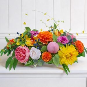 Spring Summer Centerpiece for Table with Peony, Rose & Dahlia Flowers, Peach and Berry Accents, Artificial Spring Centerpieces for Tables, Farmhouse Floral Table Decoration for Home Dining Room