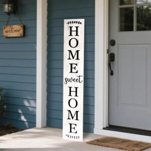 Home sweet home wooden porch sign Vertical hanging decorations Welcome sign front door standing Decorative sign 47×7.8Inch Plaques for Outside Yard Decor (Wood White)