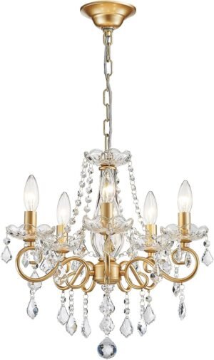 Mini Crystal Chandelier, Golden Crystal Lighting,5-Light Modern Chandelier for Living Room Kitchen Island Entryway Bedroom