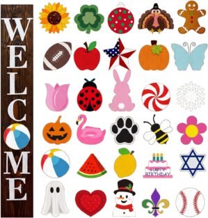 Yalikop Interchangeable Welcome Sign for Front Porch 47 x 7.9 Inch Wooden Porch Sign with 30 Interchangeable Designed Patterns Modern Outdoor Decor for Summer Home Indoor(Wood Color)