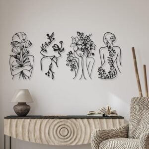 Therwen 4 Metal Wall Art Decor Minimalist Abstract Woman Single Line Drawing Wall Art Female Home Decor Hanging Art Print for Bedroom Bathroom Living Room, Black 17 x 10 in(Stylish Style)