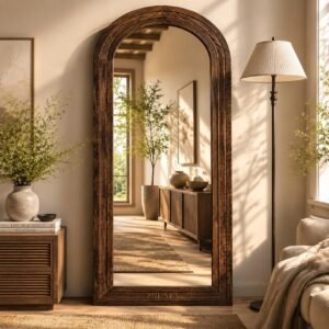 ZHUNFA Arched Full Length Mirror with Solid Wood Frame, 65×22 Farmhouse Wall Mounted Floor Mirror with Stand, Vertical Hanging, Leaning Standing for Bedroom, Living Room, Brown