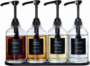 Coffee Syrup Dispenser for Coffee Bar, Glass Syrup Bottle with 1/4 oz Large Capacity Pump, Syrup Pump Dispenser with Pump for Coffee Station, Black with Tray,16.9oz, Set of 4
