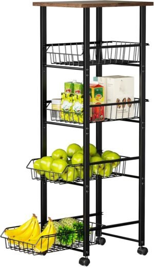 Delamu Fruit Vegetable Basket for Kitchen,5 Tier Kitchen Organizer and Storage Cart with Wheels,Slide-Out Baskets and Wood Top,Pantry Storage cart W11-4/5*D16-7/16*H42-7/16