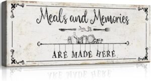 Farmhouse Rustic Canvas Wall Art Meals and Memories Are Made Here Christian Kitchen Sign Perfect Housewarming Gift for Dining Room 6″ x 17″