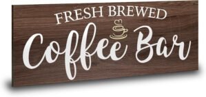 Rustic Coffee Bar Sign Wall Decor – Vintage Wood Grain Hanging Plaque for Kitchen, Cafe Bar Home Housewarming – Farmhouse Style Coffee Station Accessories, Self Serve Fresh Brewed Sign – 13.7×5.9 Inch