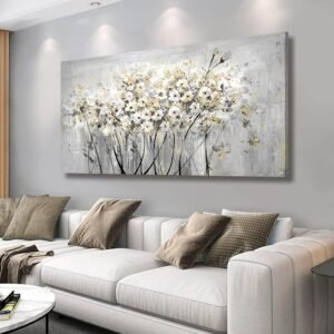 VAYIMDH Gold Pictures Wall Decor Living Room Wall Hanging White and Grey Vintage Posters Floral Photo Prints for Bedroom Dining Room 24×48 Inch