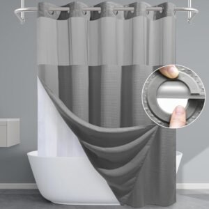 EUTXL Grey Shower Curtain and Liner Set – 230GSM Waffle Weave Textured Heavy Duty,Hotel Luxury Weighted Bath Curtain,71W x 74H