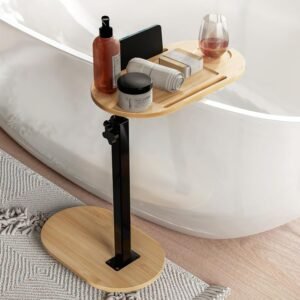 Yumkfoi Bamboo Bathtub Tray Table with Adjustable Height, Freestanding Bath Caddy Tray for Tub Against Wall, Bathtub Side Table for Luxury Bath Home Spa Homewarming – Patent Protected (Natural)