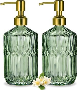 COHOSEGE 17 Oz Green Glass Kitchen Soap Dispenser for Dish Soap, 2 Pack Bathroom Soap Dispenser Set with Gold Rust Proof Pump for Lotion, Hand soap or Body Wash