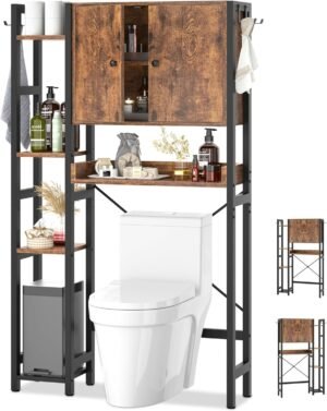 Over The Toilet Storage Cabinet with Doors – 7 Tier Bathroom Organizer with Adjustable Shelf, Freestanding Space Saver Rack Above Toilet Stand with 4 Hooks for Bathroom, Restroom, Laundry, Rustic