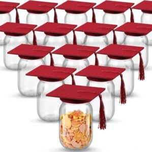Amyhill 16 Sets Red Graduation Cap Candy Jar 12 oz Plastic Mason Jars Candy Containers for Class of 2026 Table Centerpieces Graduation Party Favors (Reddish Brown)