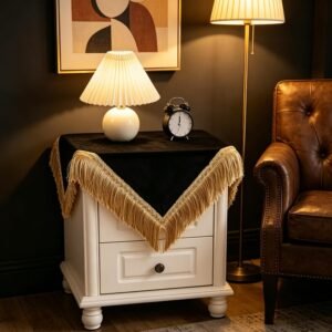 Square Black Velvet Tablecloth for Nightstand Solid Color Coffee Table Cover with Tassel Soft Velvet Fabric Washable Wipeable Bedside Table Cover for Indoor Outdoor Home Kitchen Decoration (24 Inch)