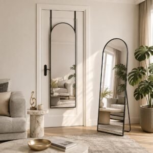 Full Length Mirror with Stand, 56″x14″ Arched Full Body Mirror, Large Stand Up Aluminum Frame Floor Freestanding Hanging Leaning Mounted for Bedroom Living Room Entryway Black