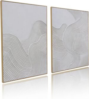 Framed Neutral Abstract Wall-Art Painting – Large Abstract Canvas Wall Decor 3D Curve Illustrations Hand painting for Living Room, Bedroom, Office – 2 Piece 28 x 40 Inch, Ready to Hang