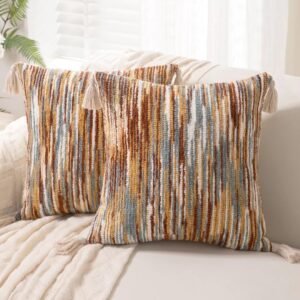 Boho Throw Pillow Covers 18×18 Set of 2 Woven Tufted Farmhouse Pillows Cover with Tassels Textured Striped Cushion Case Neutral Pillow Cases Decorative Pillowcase for Sofa Couch Bed,Rust