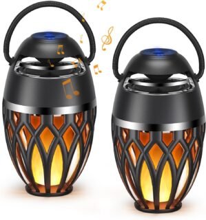 MOFOKEAY 2 Pack Outdoor Bluetooth Speakers,Wireless Speakers with LED Flame Flickers,IP5X Waterproof Torch Lights Lantern Speakers for Patio Yard Pool Party,Gifts for Men/Women