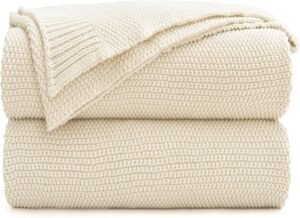 Longhui bedding Cotton Cable Knit Throw Blanket for Couch Sofa Bed, Home Decorative, Lightweight Woven Blankets with Bonus Laundering Bag, 50“ x 60”, Beige
