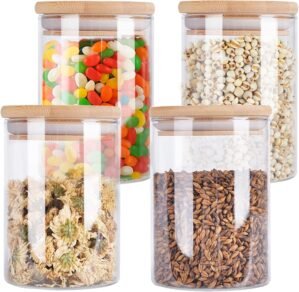 Aoeoe 4 Pack Glass Storage Jars with Airtight Bamboo Lid, 27 OZ Glass Kitchen Canisters, Clear Container for Coffee Bean Storage, Dry Goods, Cookie, Candy, Tea, Spices and More