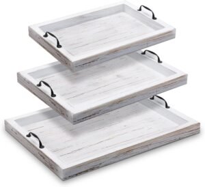 Didaey 3 Pieces Rustic Wooden Serving Trays with Handles Farmhouse Food Serving Trays Vintage Wooden Food Trays Platters Nesting Decorative Trays for Coffee Table Party Kitchen Decoration