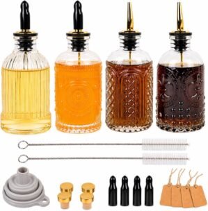 ChezMax Syrup Dispenser Bottles Set of 4, Simple Syrup Bottle for Coffee Bar Accessories, 7 oz Glass Coffee Syrup Dispenser Syrup Containers for Maple Honey Syrup Oil, with Metal Pour Spouts & Labels