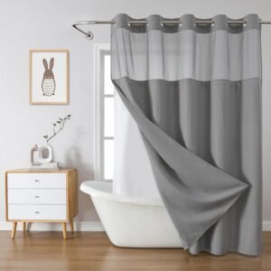 eachope Grey No Hook Waffle Weave Shower Curtain with snap-in Liner Replacement, 230GSM Waterproof Fabric Hotel Shower Curtain Set for Bathroom, Through Mesh Top Window,71Wx74H