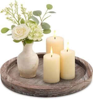 Round Decorative Wood Trays for Coffee Table Counter Farmhouse Kitchen Home Decor Centerpiece Small Wooden Candle Holder Tray Circular Serving Platter Circle Rustic Dining Table Bathroom Perfume Tray