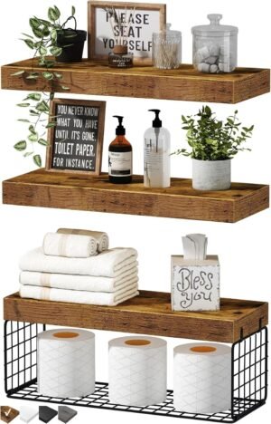 QEEIG Bathroom Shelves Over Toilet – Wall Mounted Floating Shelves Toilet Paper Storage Small Farmhouse Decor Shelf 16 inch Set of 3, Rustic Brown (019-BN3)