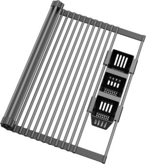Roll Up Dish Drying Rack, Silicone Wrapped Over The Sink Multipurpose Foldable Dish Drainer Anti-Slip Dish Racks for Kitchen Counter, Sink Drying Rack Cover with Utensil Holder (Black, 17.3″ x 17.6″)