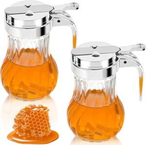 2Pcs 8oz Syrup Dispenser Honey Pot Glass Honey Dispenser Jar, Maple Syrup Dispenser, Honey Container, Commercial Quality With Handle Honey Dispenser for Home Kitchen Storage (2, Twill weave 2 Pack)