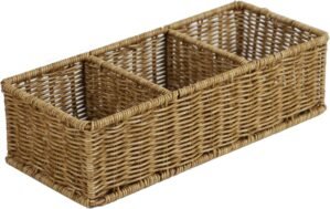 Waterproof Wicker Basket With 3 Compartments, Hand Woven Bathroom Counter Organizer, Small Storage Basket for Toilet Paper Storage, Countertop Shelf Toilet Tank (Light Brown)