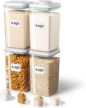 Ankou Airtight Food Storage Container with Pop Lid & 130ml Scoop, 4L/4.2qt *4 BPA-Free Cereal, Rice, Flour, Pasta & Snack Container, Stackable & Durable,Kitchen Pantry Organizer