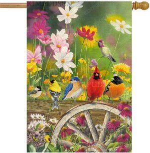 Spring Hummingbirds House Flag 28 x 40 Double Sided, Flower Birds Decorative Garden Flags for Anniversary Yard Outside Seasonal Decoration