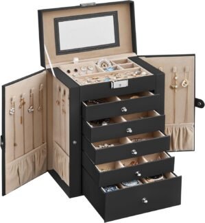 SONGMICS 6-Layer Jewelry Box Organizer with 5 Drawers, Jewelry Storage Case with Lock and Mirror, Large Storage Capacity, Gift for Loved Ones, for Necklaces, Watches, Black UJBC152B01