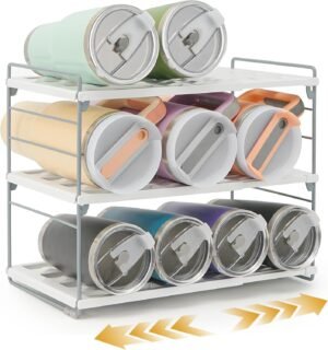 Cirhy 12″ Tall 3-Tier Expandable Water Bottle Organizer – Fits 20-40 oz Stanley, Owala, Yeti Tumblers, Shaker Cups & Travel Mugs – Adjustable Storage Rack for Cabinet, Kitchen & Pantry Organization