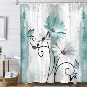 Rustic Farmhouse Shower Curtain, Farm Teal Daisy Floral Flowers and Butterfly on Country Wooden Shower Curtain for Bathroom, Turquoise Blue with 12PCS Hooks, 70X70IN