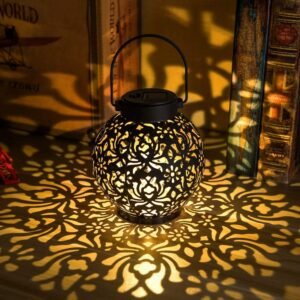 EXCMARK 2 Pack Outdoor Solar Hanging Lantern Lights Metal LED Decorative Lamp for Garden Patio Courtyard Lawn and Table with Hollowed-Out Design (Black)