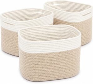 Light Honey Cotton Rope Baskets for Shelves, Set of 3 – 15″×10″×9½” – Woven Storage Baskets for Organizing – Closet, Nursery, Bedroom, Playroom – Toys, Books, Towels, Clothes