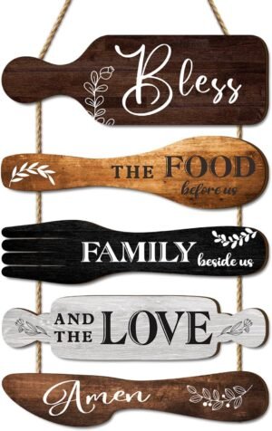 Dazzlewall 5Pcs Kitchen Wall Decor, Bless the Food Cookware Shaped Hanging Signs for Farmhouse Kitchen Rustic Wooden Plaques for Country Dinning Room