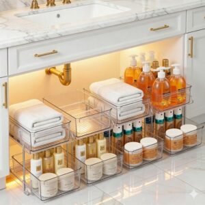Masirs 2-Tier Clear Pull-Out Drawer Organizer – Sleek, Compact & Sturdy Makeup and Closet Organizer – Easy Assembly Kitchen Storage Solution, Ideal for Makeup, Tools, Medicines 4-Pack