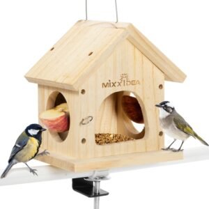 MIXXIDEA Deck Bird Feeder for Railing, Wooden Balcony Deck Bird Feeders for Outside, with Metal Clamp, Easy to use (1pk)
