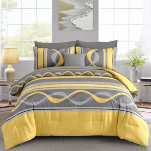 Anibedding Yellow Comforter Set King Size,8 Pieces Bed in a Bag Patchwork Striped Bedding Sets,Boho Soft Microfiber Bedding Set for All Season(104″×90″)