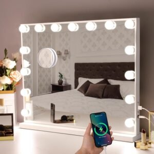 Hansong Vanity Mirror with Lights: Hollywood Lighted Makeup Mirror with 15 LED Bulbs, 22.8”x18” Light Up Mirror with 3 Colors Modes for Desk, Large Mirrors with USB Charging Port for Bedroom, White