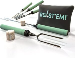 Jolly Green Products Rotating Marshmallow Roasting Sticks for Campfire & Bonfire | Extra Long Hot Dog & Smores Sticks for Fire Pit | Camping Smores Kit | Retractable Campfire Skewers | Set of 5